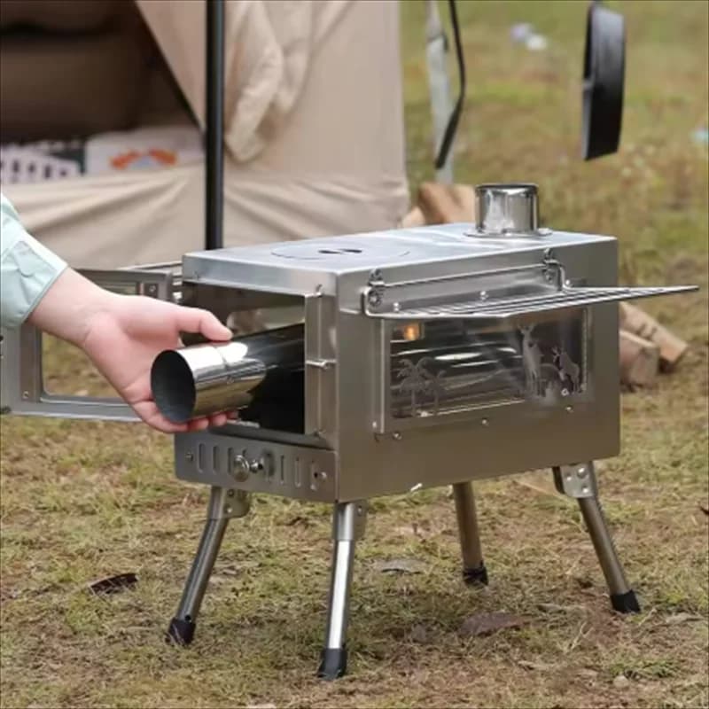 Stufa per tenda da esterno Griglia per barbecue pieghevole portatile Decorazione per finestra a doppia faccia in acciaio inossidabile Stufa a legna per riscaldamento da campeggio