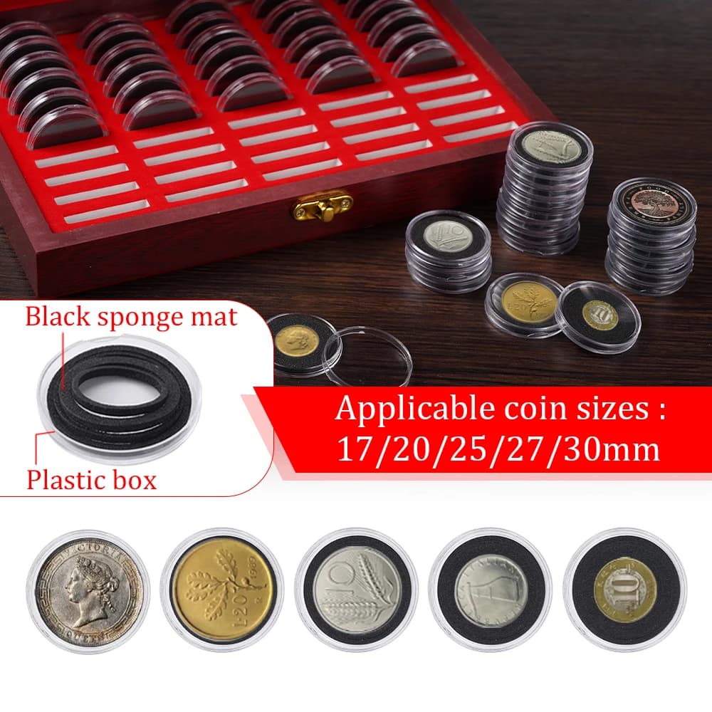 50PCS Wooden Coin Collection Box - Wood Storage Case for Commemorative Coins Organizer Home Organizer adjustable inner pads