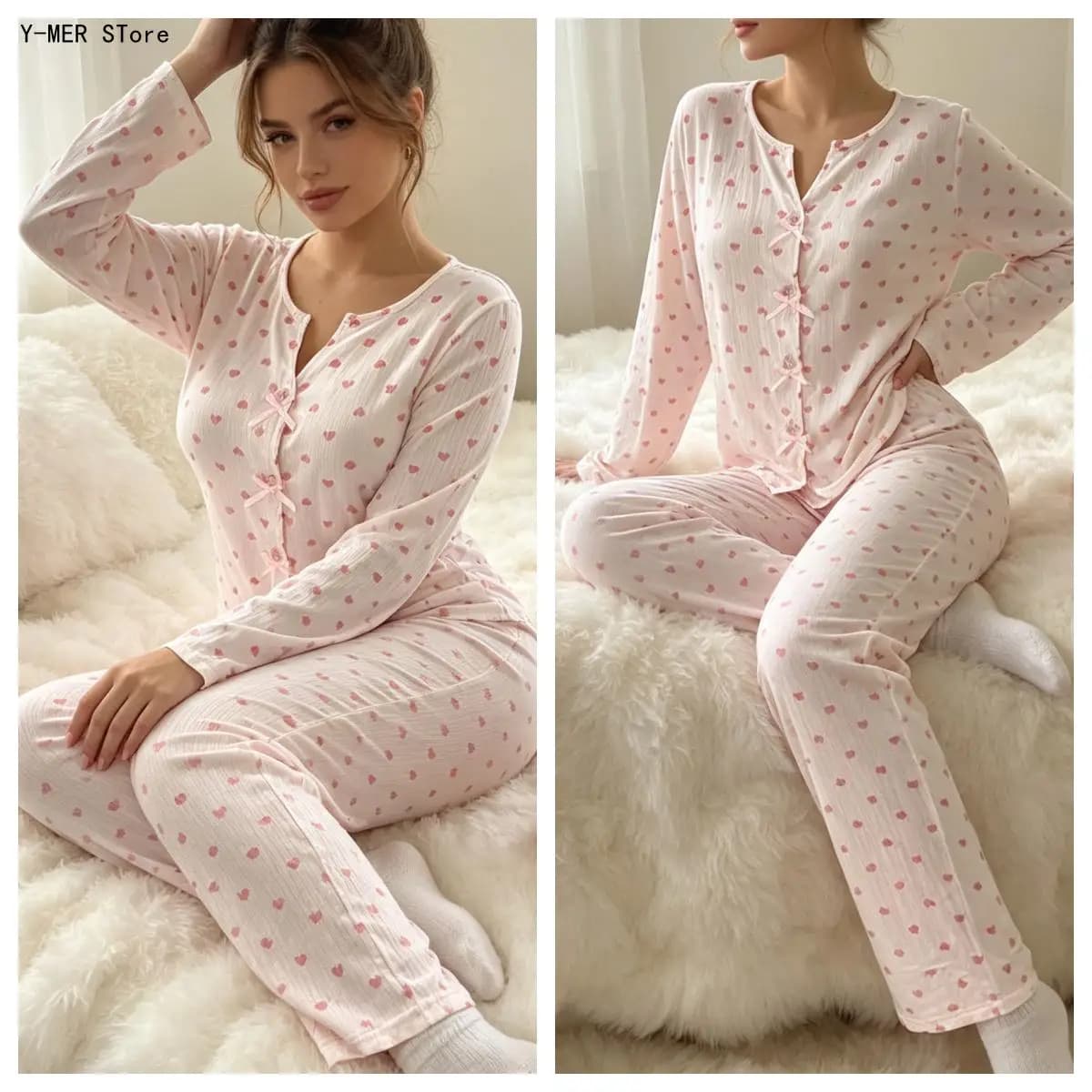 New Women Heart Print Bow Button Knit Pajama Two Piece Set, Long Sleeve Top & Long Pants Loungewear for Spring Autumn