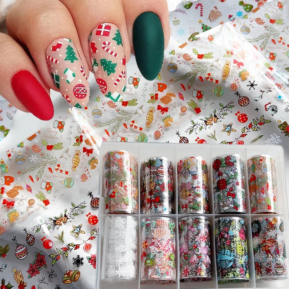 10 rotoli di adesivi per trasferimento di fogli per nail art natalizi, fiocchi di neve colorati, albero di Natale, modelli di pupazzo di neve, decalcomanie per unghie, manicure invernale