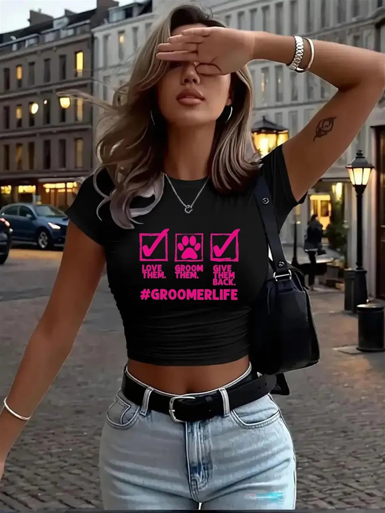 Crop Top 1pc (Y2K) Love Them Pet Paw Print Text Pattern Women'S Print Pattern, Casual Short Sleeve Short Length T-Shirt Suitable for Spring Summer, Perfect Birthday Gift, Holiday Gift
