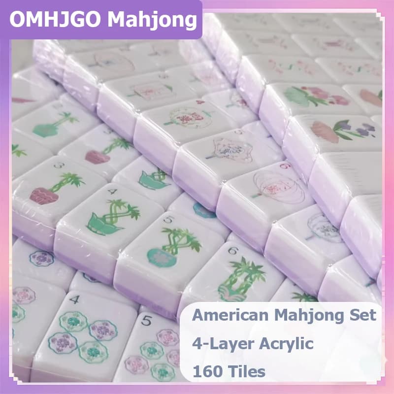 Hot OMHJGO Light Purple American Mahjong Set 4-Layer Acrylic 160 Luxury Mahjong Game Tiles Entertainment Gift Portable Mah Jongg