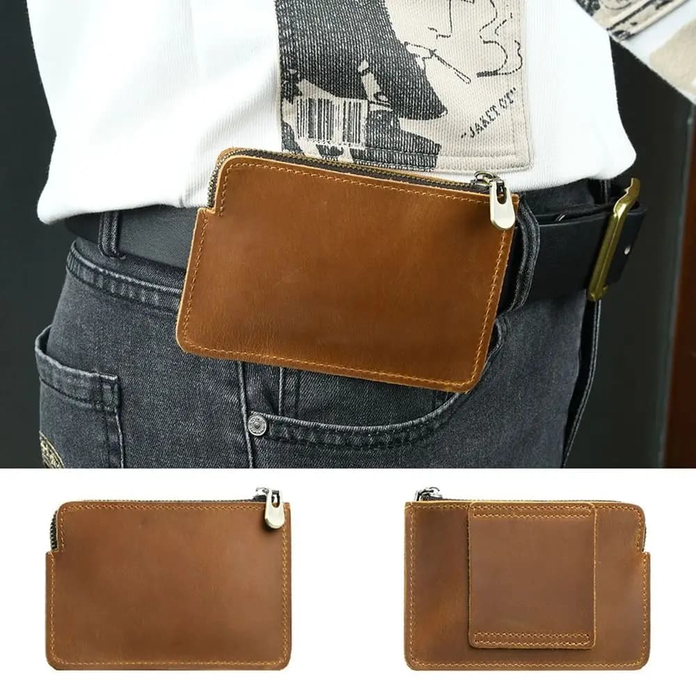 Genuine Leather Men's Short Wallet Ultrathin with Belt Loop Belt Hanging Money Pouch Retro Portable Zipper Coin Purse Travel