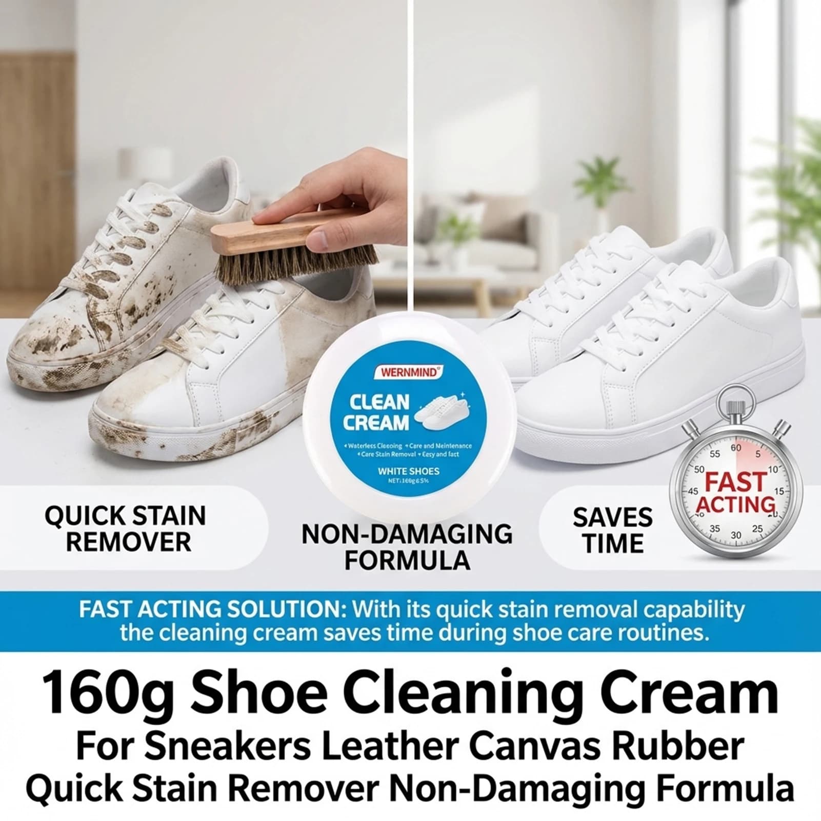 160g Shoe Cleaning Cream For Sneakers Leather Canvas Rubber Quick Stain Remover Non-Damaging Formula
