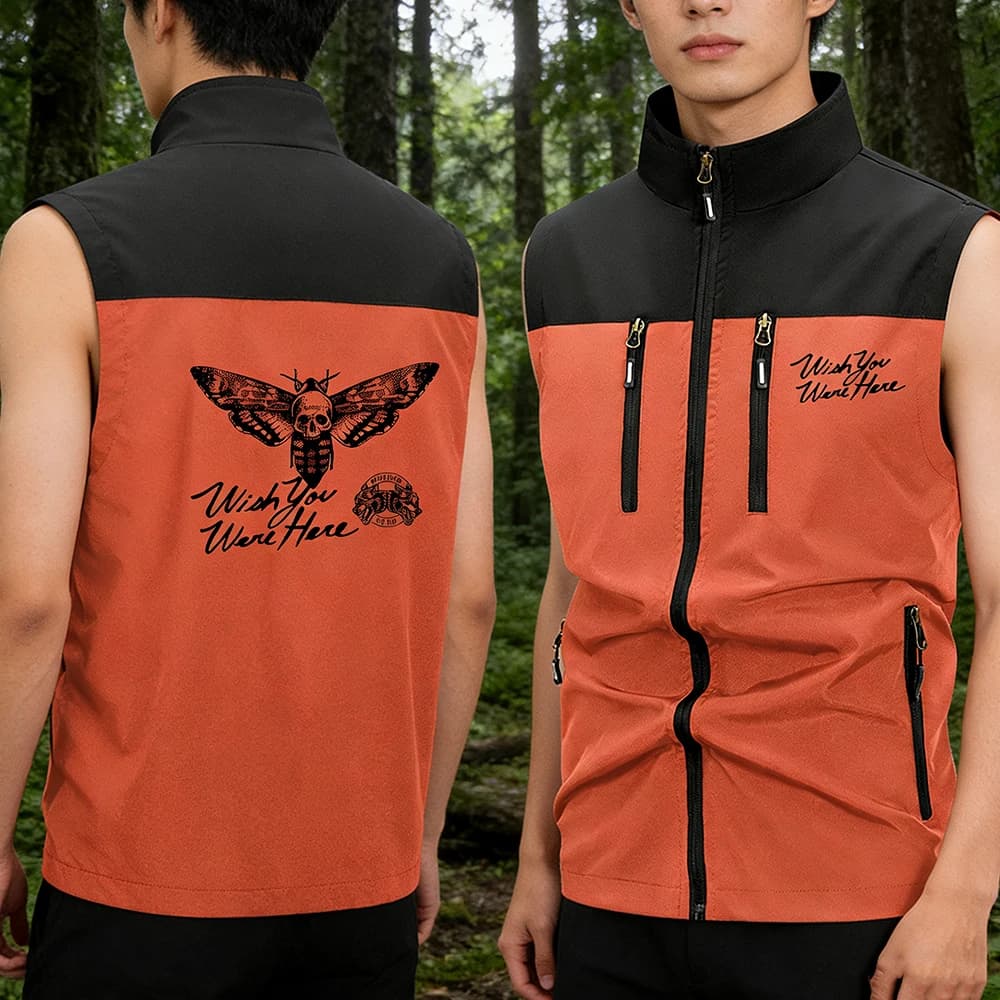Gilet sportivo da uomo con cerniera, multitasche, stile cargo, collo alto, senza maniche, casual, per pesca ed escursioni, con stampa gotica teschio e falce