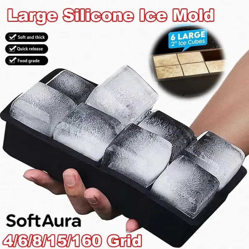 SoftAura Silicone Ice Bowl with 4/6/8/15/160 Parts, Food Grade Jumbo Ice Mold, Ice Tray for Home and Kitchen ♪