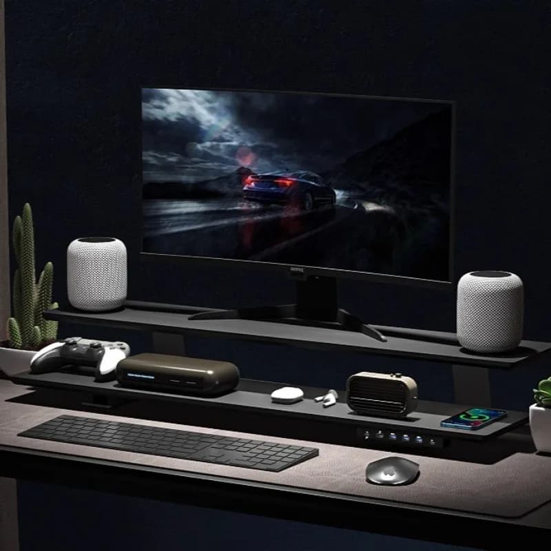 Piano da scrivania da gioco in legno massello con supporto rialzato per monitor, ripiano di ricarica e hub USB, dock USB di archiviazione nascosta per la configurazione di giochi su PC