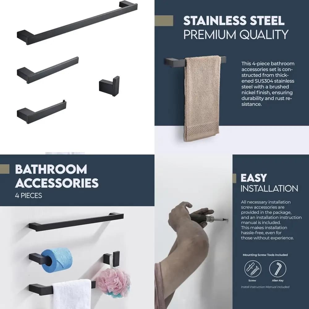Set di accessori per il bagno moderno a parete in acciaio inossidabile - Set portasciugamani nero da 4 pezzi per bagni contemporanei