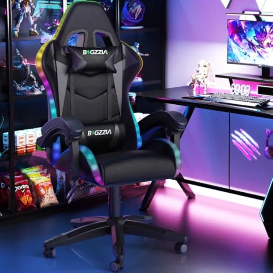Sedia da gaming con luci LED RGB, sedia da computer ergonomica con poggiatesta e supporto lombare, schienale alto in pelle PU regolabile in altezza