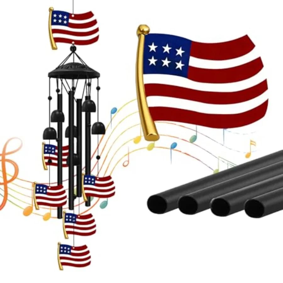 American Flag Patriotic Wind Chime, Red White Blue Aluminum Tube Wind Chimes Waterproof Hanging Ornament for Front Porch Garden