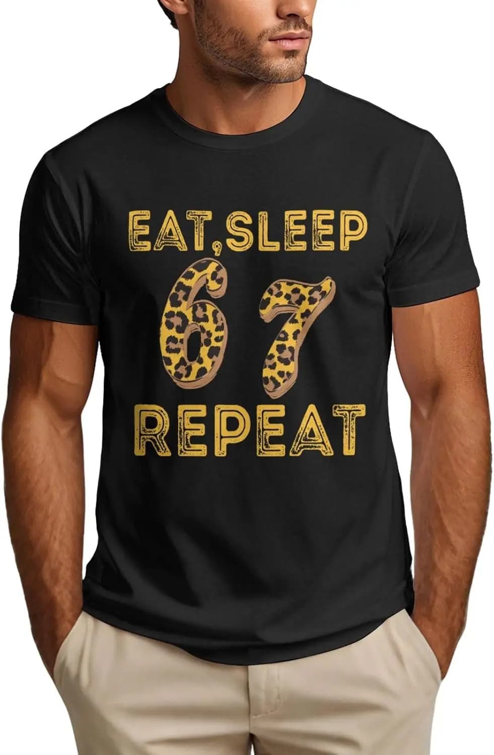 Maglietta Eat Sleep 67 Repeat con stampa leopardata, divertente, 6 7 Six Seven, maglietta da uomo