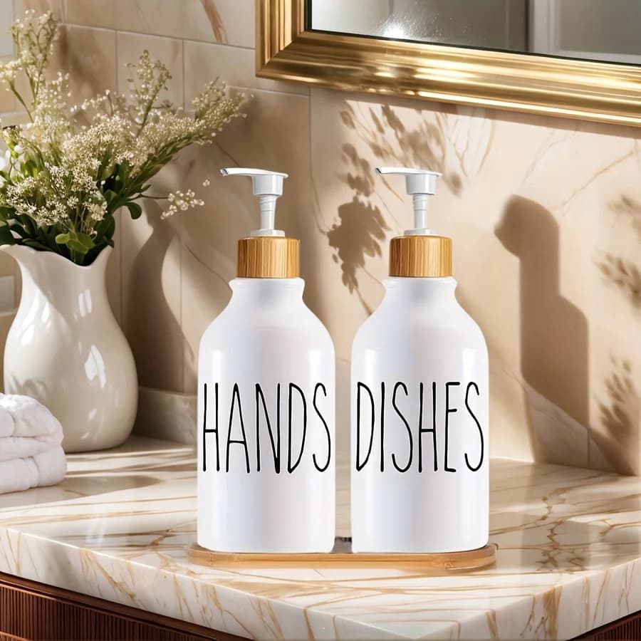 Bottiglia dispenser di sapone con vassoi, bottiglia di sapone con coperchio in bambù con pompa antiruggine, dispenser di sapone per piatti per cucina, shampoo