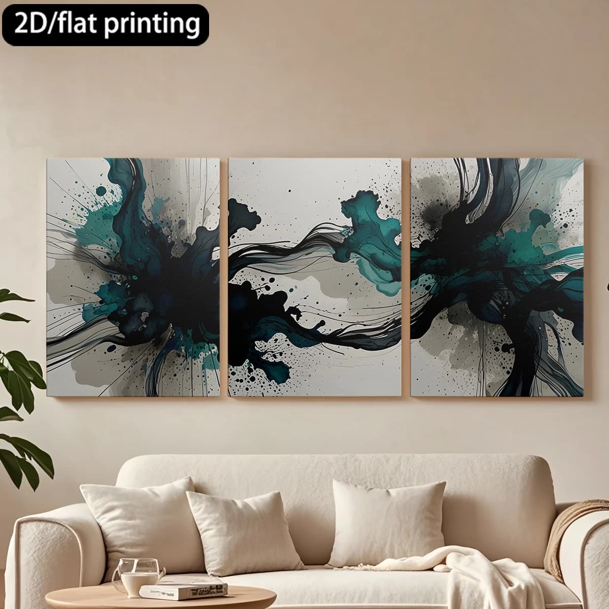 Dipinto decorativo su tela con cornice in legno, 3 pezzi. Arte astratta a inchiostro, forme nere e verde acqua. Decorazione per corridoio e camera da letto.