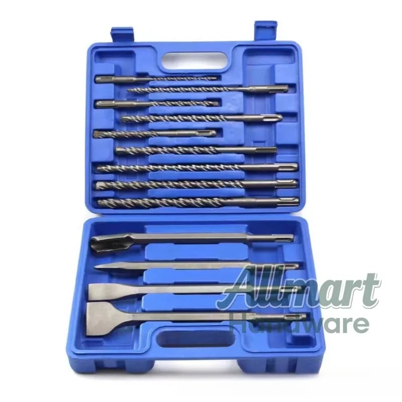 Set di 17/13 Pezzi di Scalpelli per Trapano a Percussione con Manico Rotondo, in Scatola di Plastica, per Calcestruzzo, a Punta e Piatta, Utensile per Foratura
