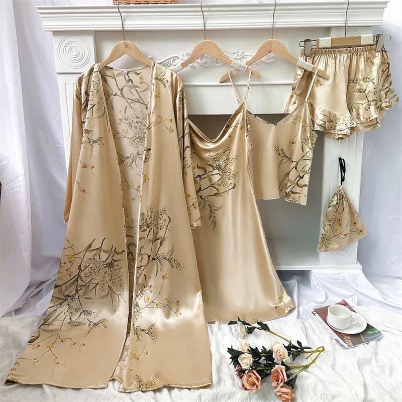 Stylish pyjamas with printed flowers Set of 5 pieces Women's casual dress Kimono Bathrobe Sexy nightdress in silky rayon