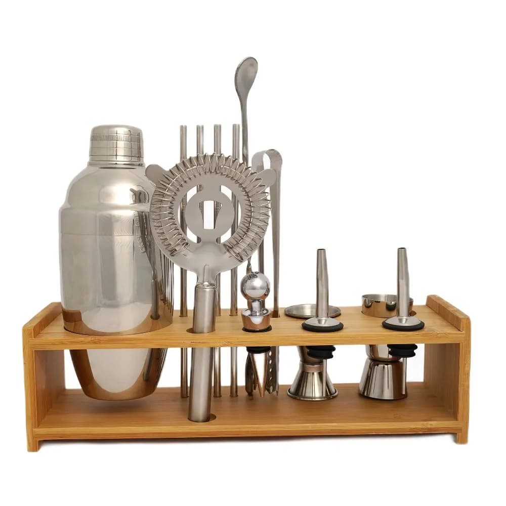 Set completo di strumenti per cocktail con shaker e supporto organizer per bar domestico e ristorante