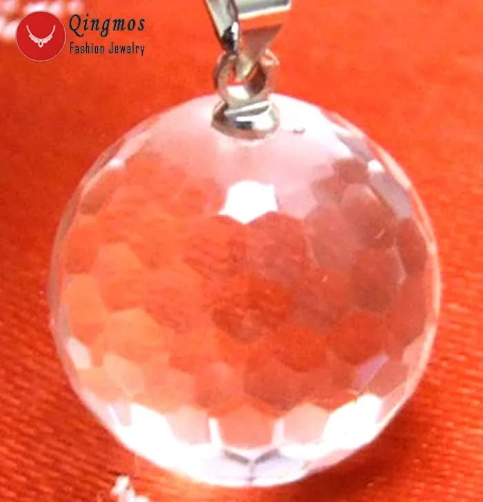 Qingmos Collana con ciondolo in cristallo trasparente bianco naturale sfaccettato rotondo da 16 mm per donna con cordino in pelle con pietra autentica 17-19''