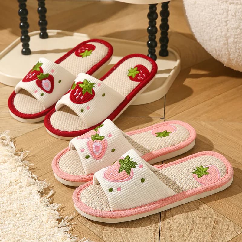 Strawberry Linen Women Slippers Home Open-Toe Designer Summer Girls Indoor Slides Non-Slip Soft Silent Breathable House Slippers