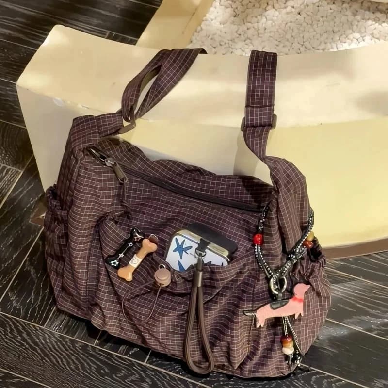 Korean Nylon Shoulder Bag Fashion Simple Plaid Zipper Tote Bag Drawstring Pleated Cloud Bag New Commuter Crossbody Shoulder Bag