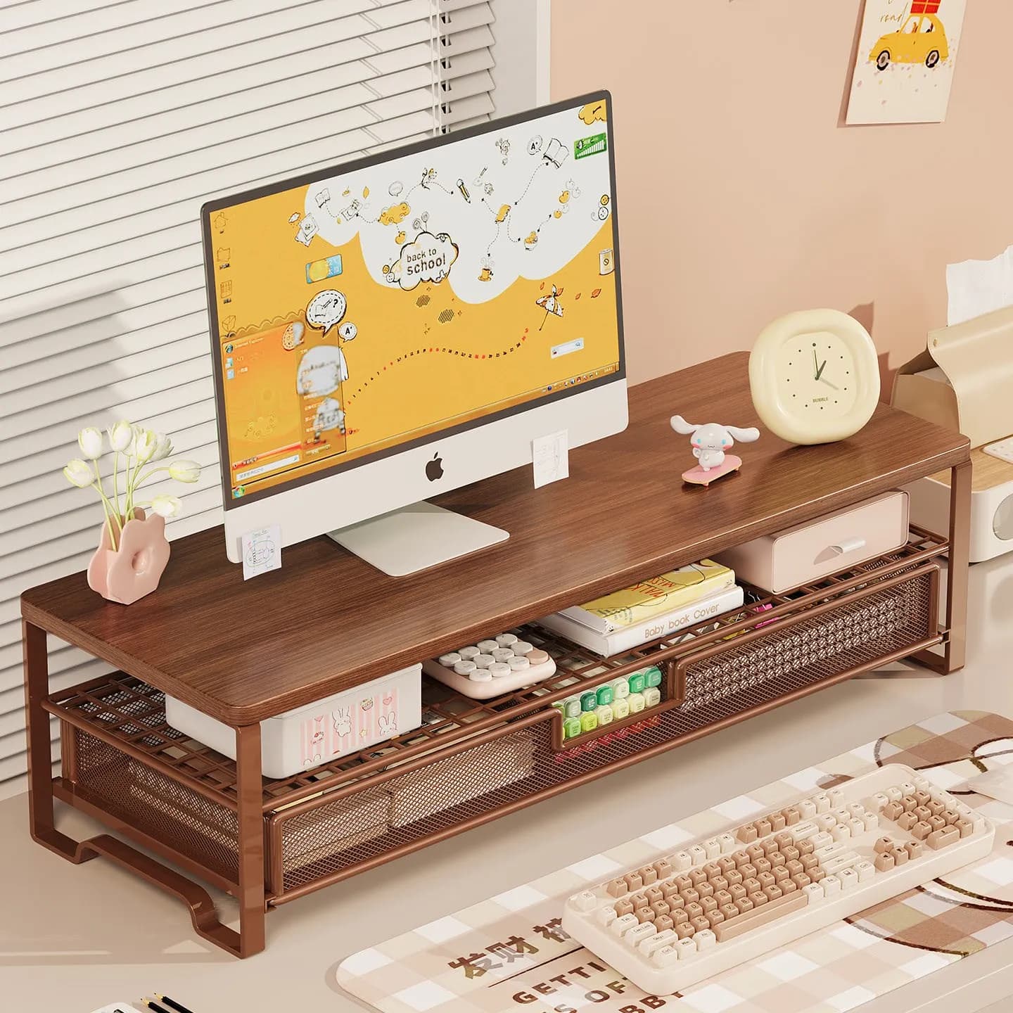 Desktop Computer Monitor Stand with Drawer Office Desk Storage Rack Multi-Functional Display Holder Workstation Organizer