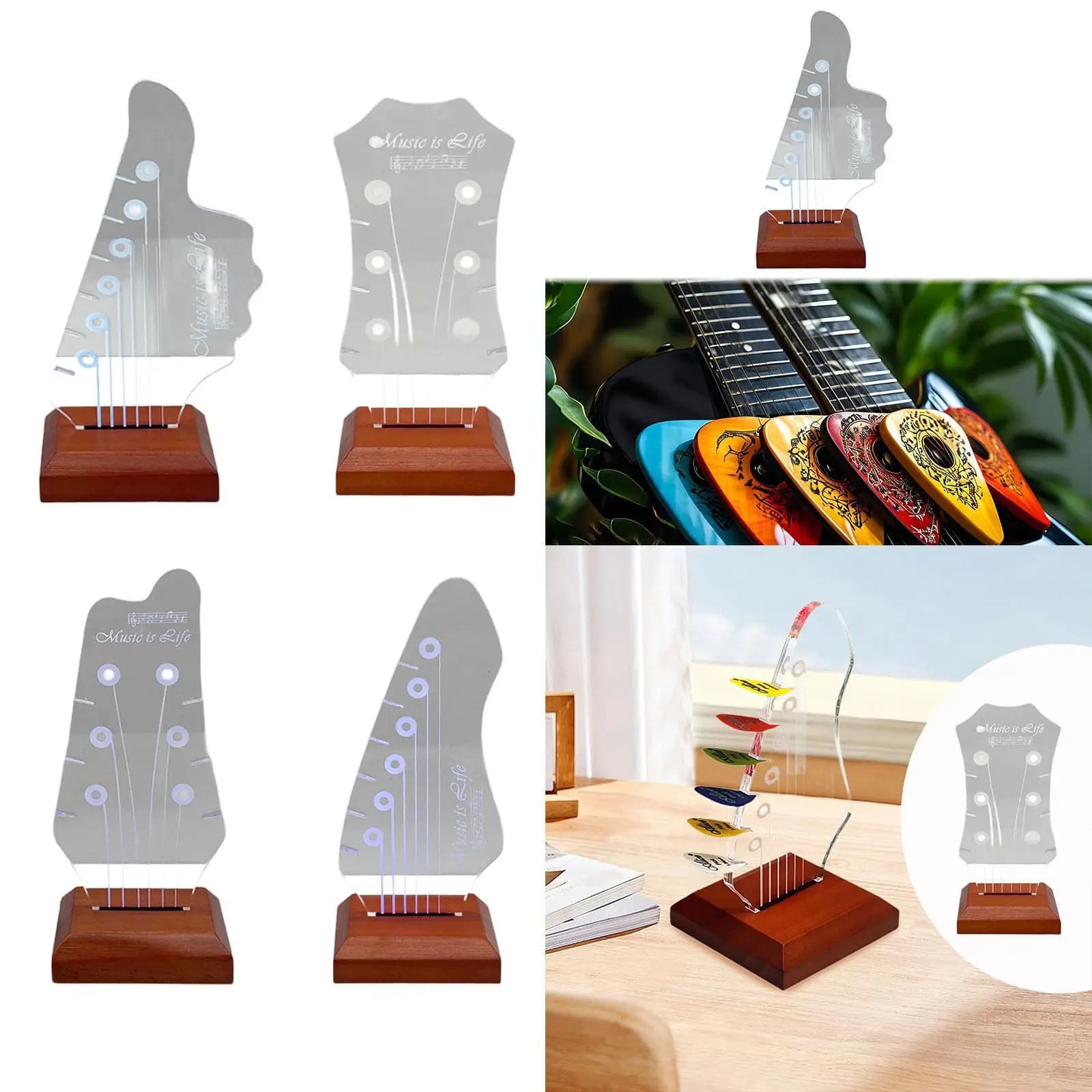 Porta plettro per chitarra illuminato con luce d'atmosfera per riporre e esposizione di plettri con display per plettro per chitarra in acrilico con base in legno