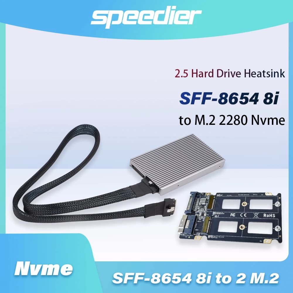 Nuova scheda grafica esterna SFF-8654 Schede adattatrici da 8i a 2 M.2 2280 Nvme Scheda madre + Dissipatore di calore HDD 2.5 + Cavo 8654 AB 75 cm