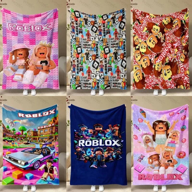 Coperta in flanella a tema cartoni animati Roblox, coperta stampata a tema gioco, morbida coperta per dormitorio, coperta per aria condizionata, copridivano.