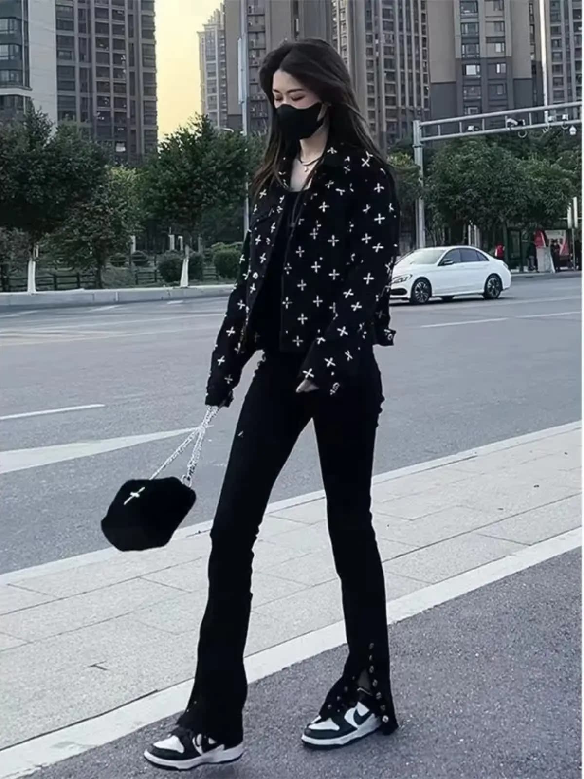 Gothic Dark Style Printed Design Denim Jacket Women's Loose Slimming Fall New Arrival Cotton Upperwear Fashion Trend