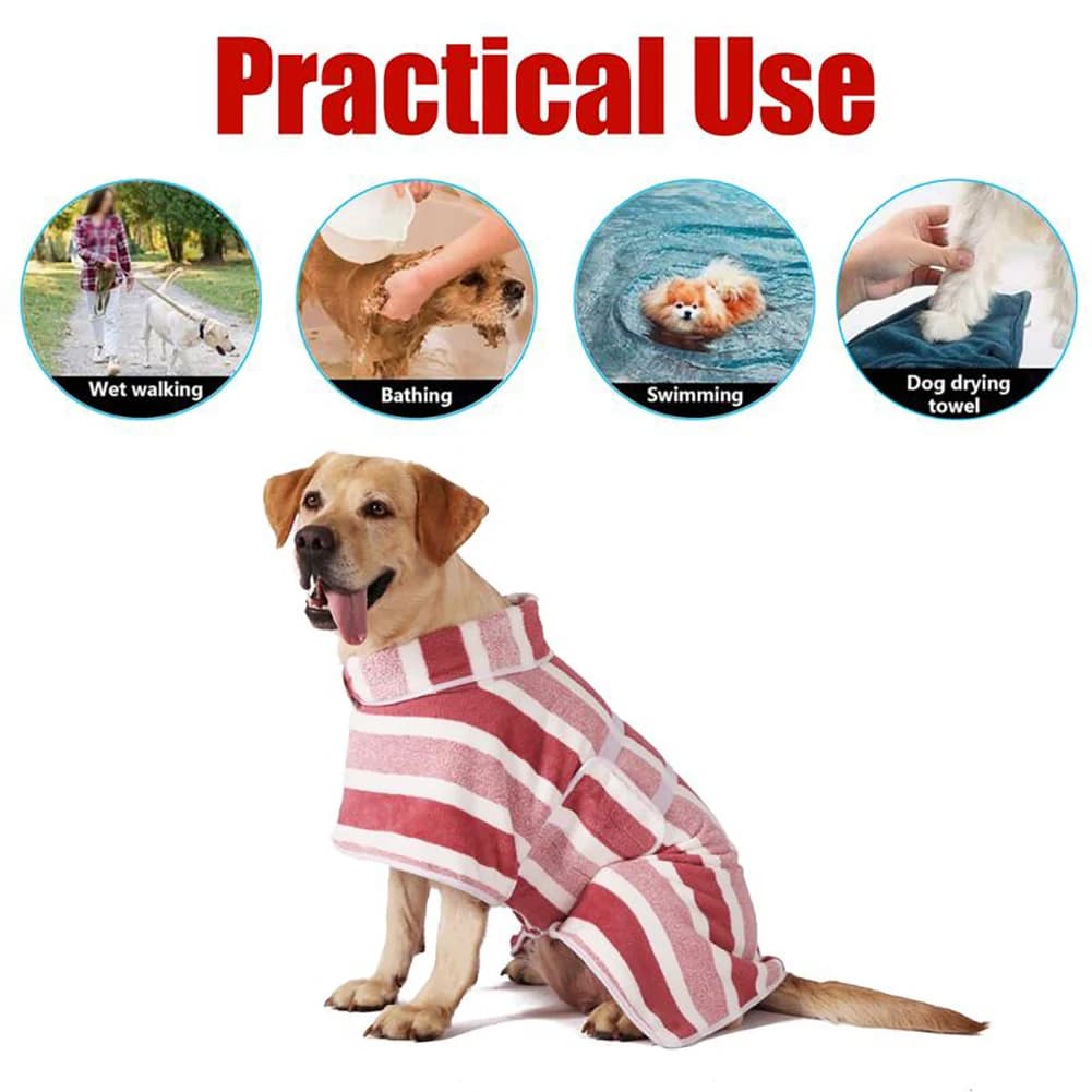 Accappatoio per Cani ad Asciugatura Rapida, 1 Pezzo, a Righe, con Fascia Regolabile, Tessuto Super Assorbente e Morbido
