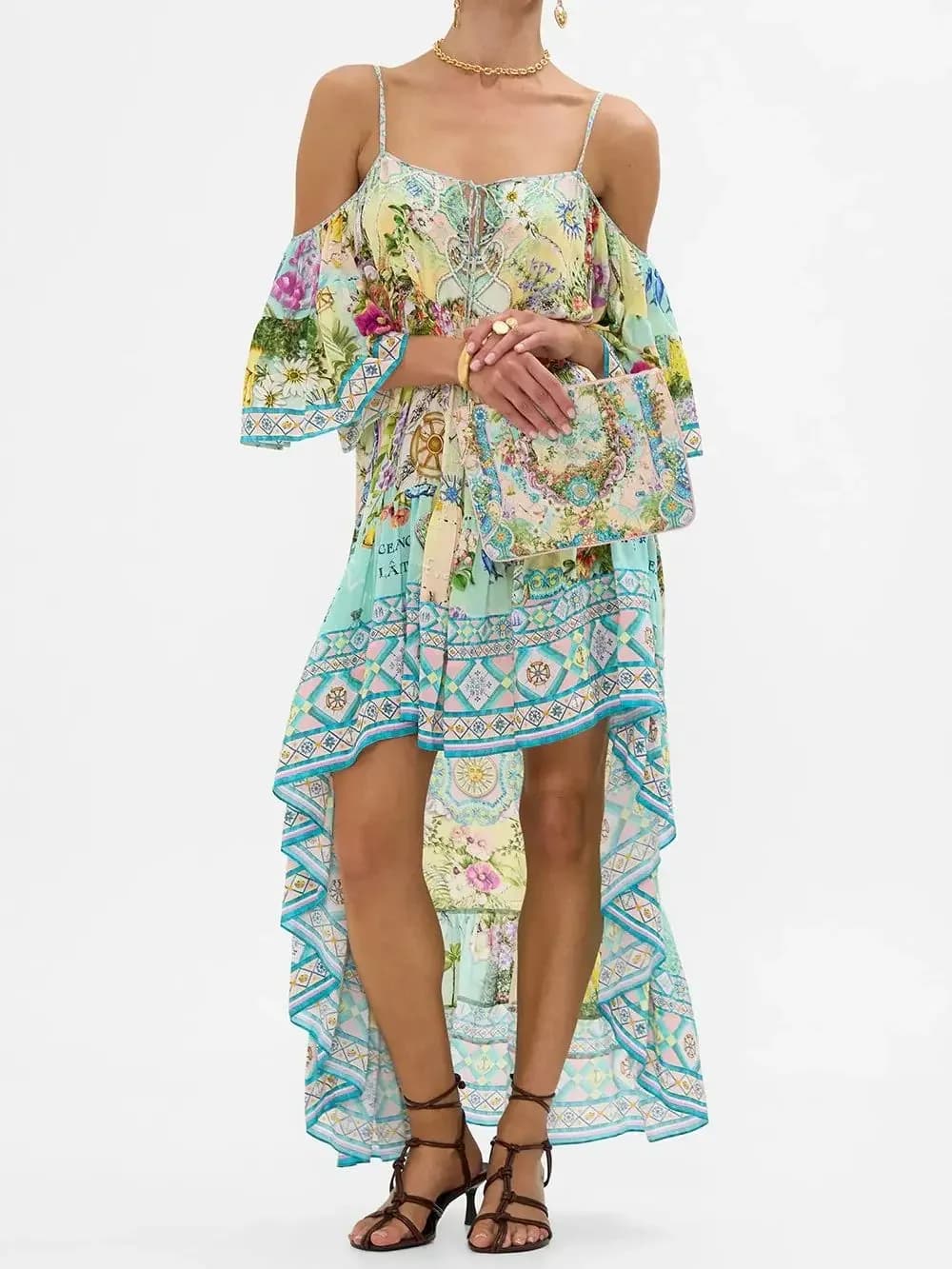 Abito da donna corto davanti e lungo dietro, con stampa floreale, perline di cristallo, spalle scoperte, scollo quadrato, vestito da vacanza, ampio, 100% seta.