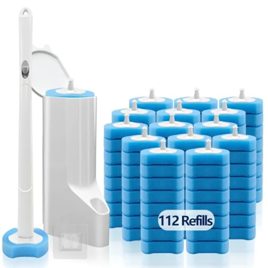Spazzola per WC usa e getta con 112 ricariche, Asta e supporto per WC, Spazzola bianca per la pulizia del WC, Kit asta per WC da parete