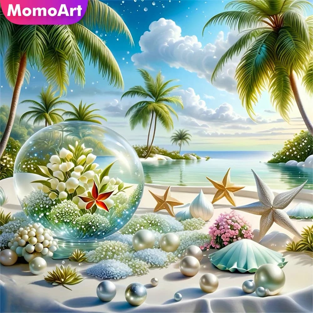 Mosaico di Diamanti Momoart: Paesaggio Marino con Conchiglie e Fiori, Quadro Ricamato con Strass per Decorazione Murale