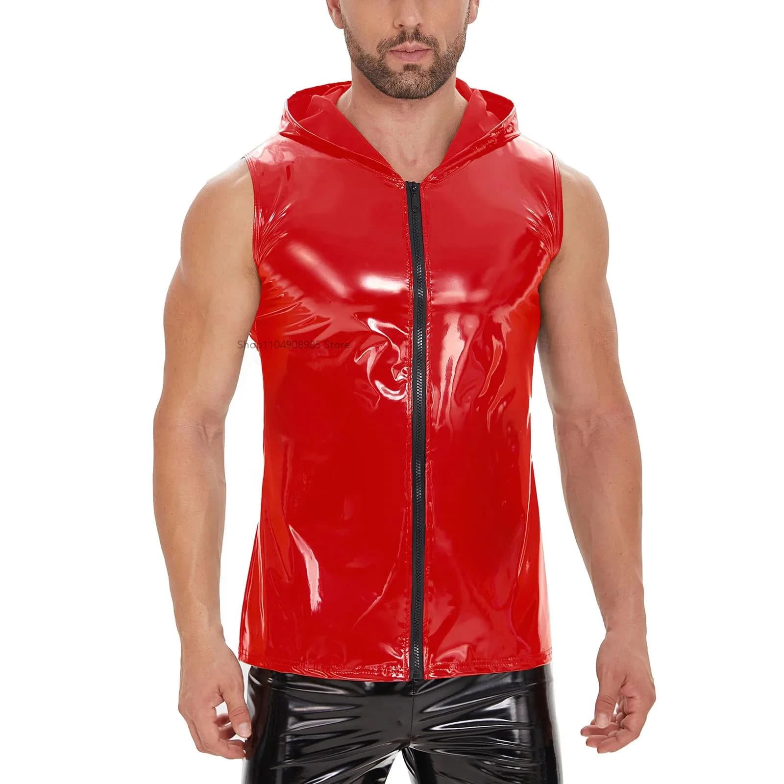 Camicia da uomo con cappuccio in ecopelle Cerniera intera Canotta in pelle PVC lucida Canottiera senza maniche Modellante Camicia effetto bagnato Gilet con cappuccio da uomo