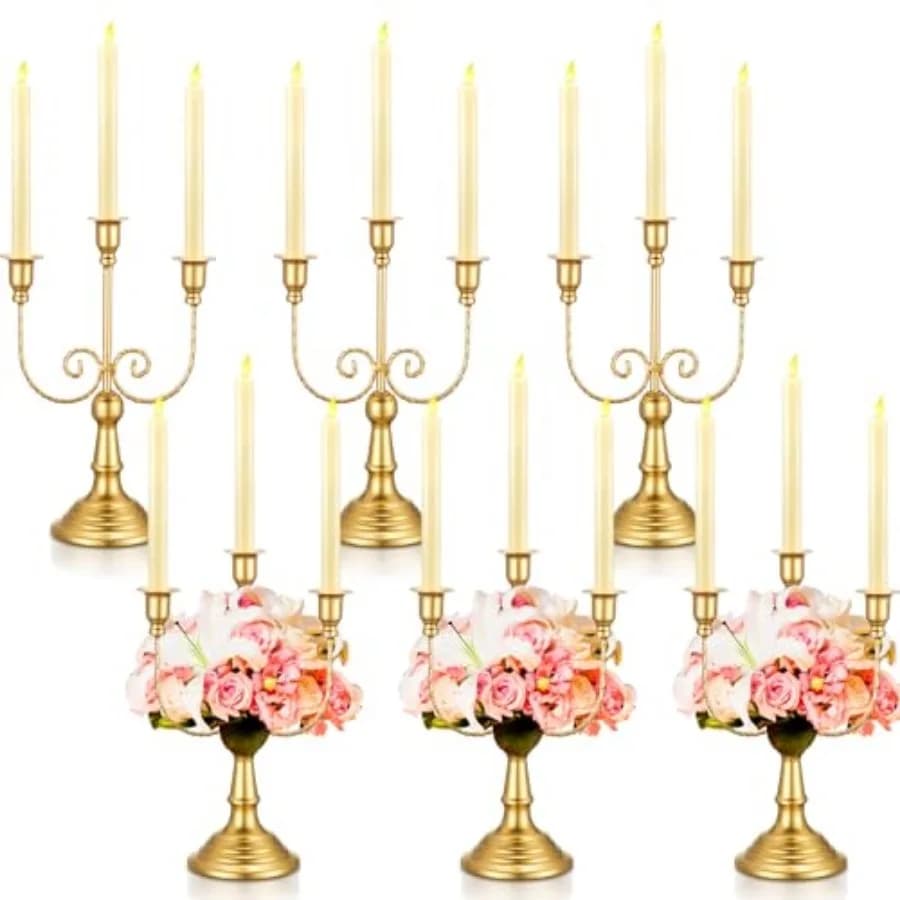 Set di 6 Candelabri Dorati, Portacandele in Metallo a 3 Bracci, Supporto per 12 Candele, per Centrotavola Matrimoniali e Feste a Tema