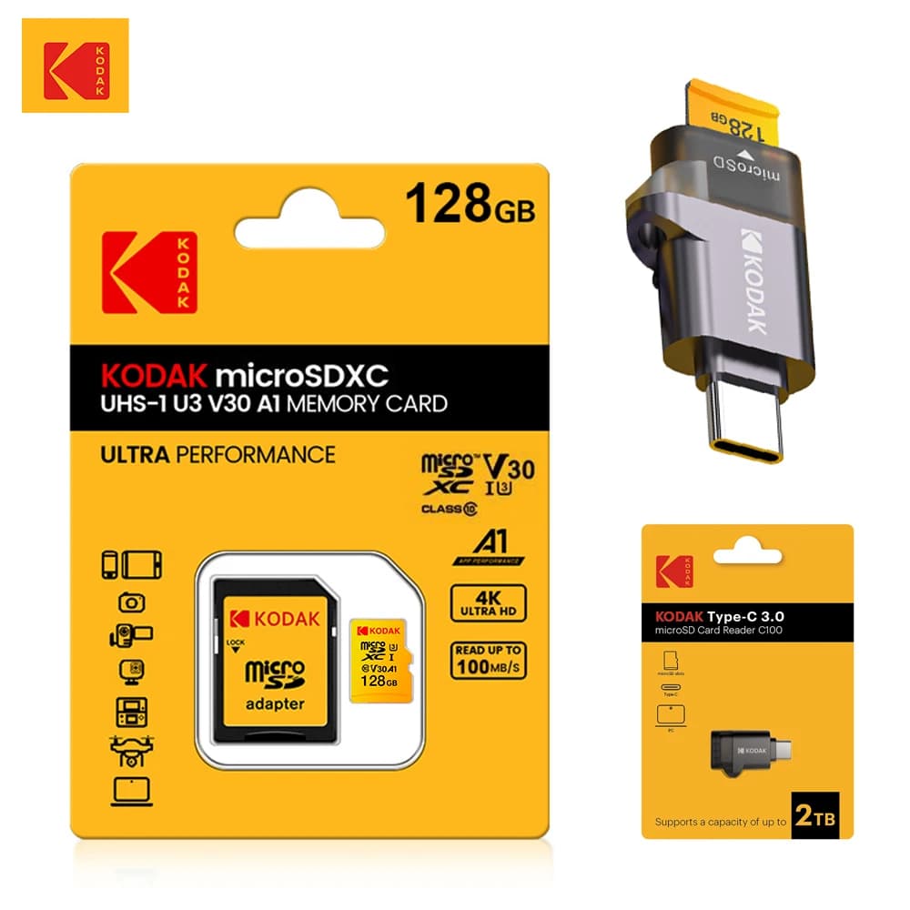 Scheda Micro SD Kodak 100% Originale 32GB 64GB 128GB 256GB V30 U3 4K ad Alta Velocità per Dash Cam, Telecamera Auto, Registratore di Guida