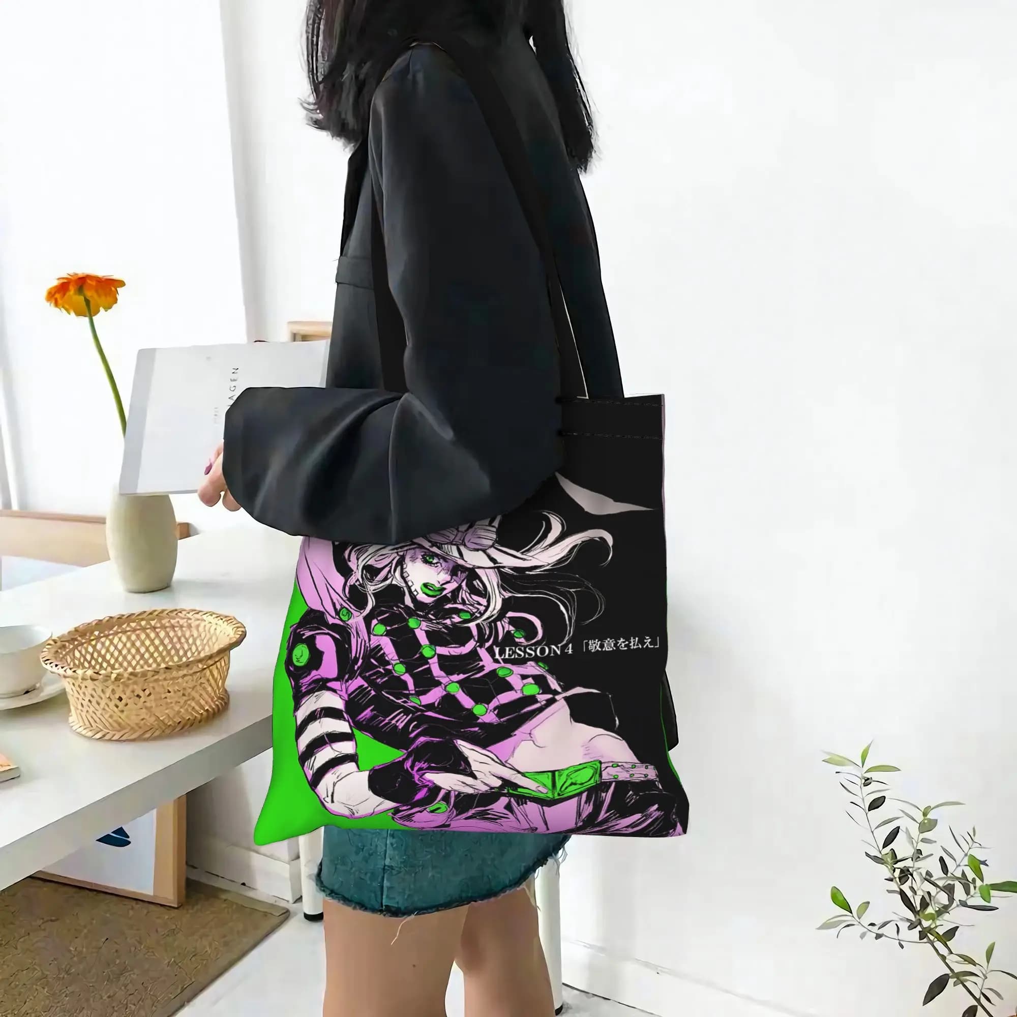 Fashionable shopping bag for the first day of school JOJO STEEL BALL RUN, canvas tote bag Funko Pop, women's shoulder bag