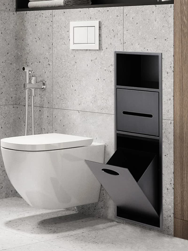 Pattumiera incorporata per WC, scatola per fazzoletti, spazzola per WC, scaffale incorporato, nicchia per bocca della toilette