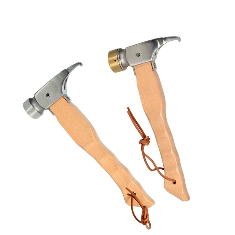 Martello da campeggio portatile con manico in legno di faggio, testa in acciaio inossidabile/ottone, paletti e picchetti sicuri per tende