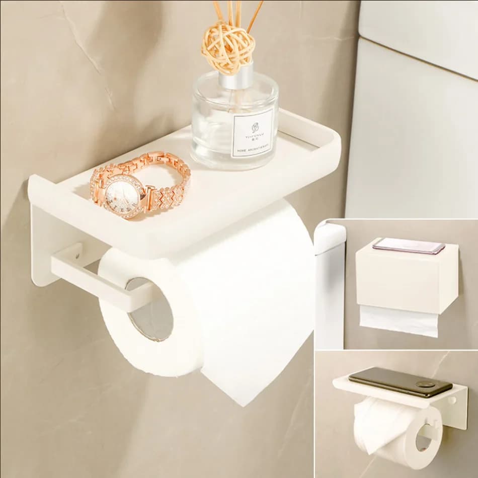 Portarotolo bianco crema con ripiano Portarotolo creativo in alluminio per WC, cucina, bagno, portarotolo di carta