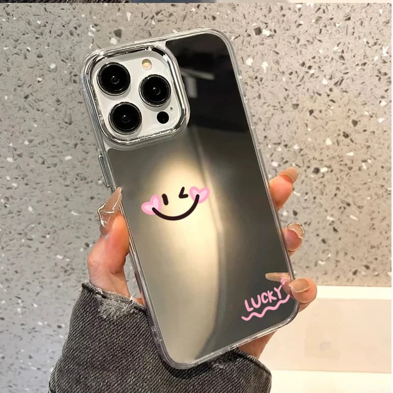 Kawaii Smiley Face Heart Print Mirror Phone Case for iPhone 11 12 13 14 Plus 15 16 17 Pro Max 16E Shockproof Protective Cover