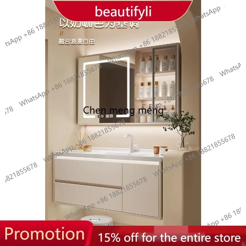 Mobile bagno in ceramica e legno X188 con lavabo e specchio, mobiletto contenitore per bagno, arredamento domestico