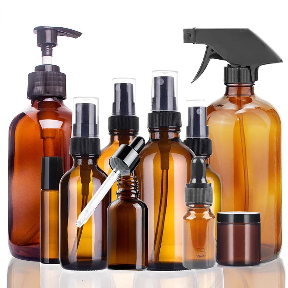 10/15/20/30/50/100/500ml vetro ambra Spray/contagocce bottiglie spruzzatore Trigger aromaterapia Dispenser Roller on per olio essenziale