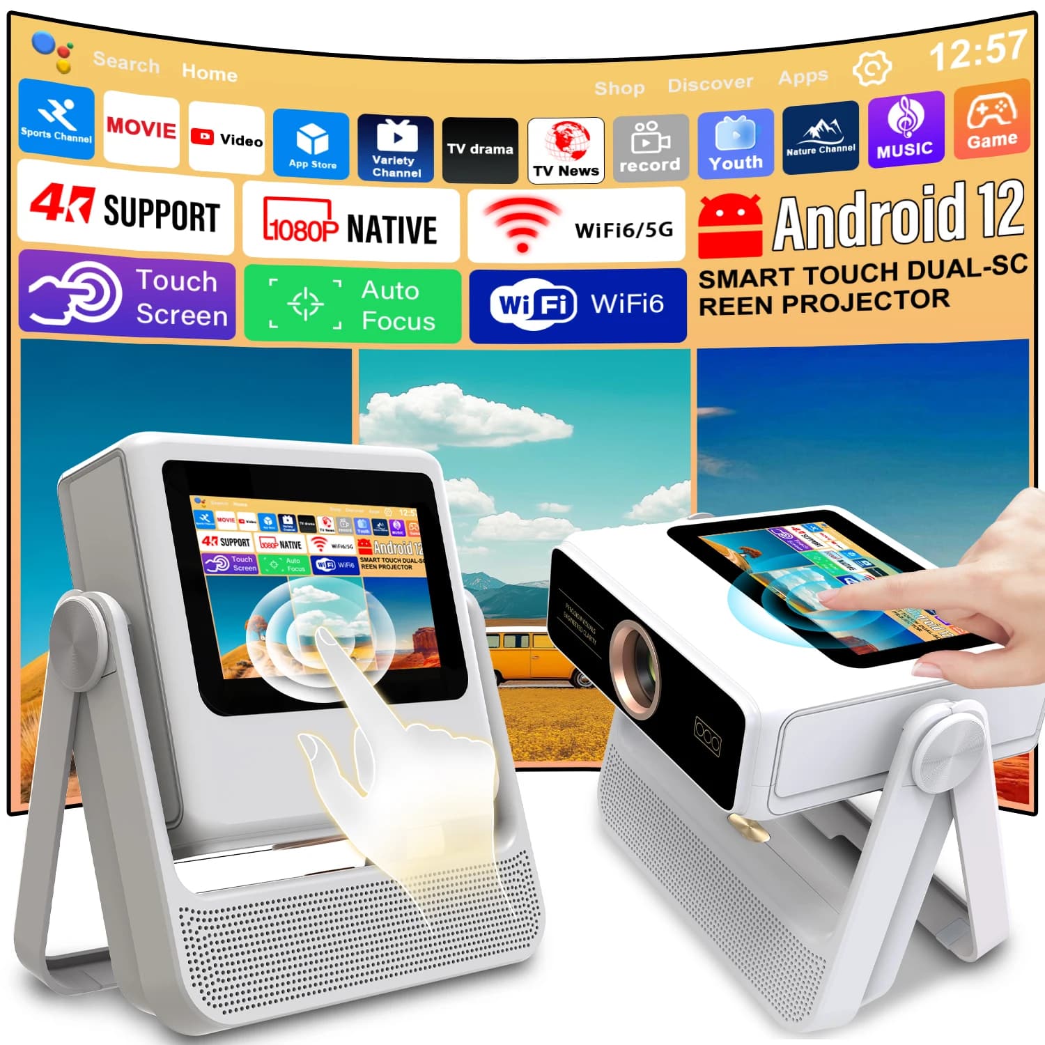 7" Touch Screen Projector Android 12 4K HDMI USB BT Speaker Kids Education Fitness Workout Cinema