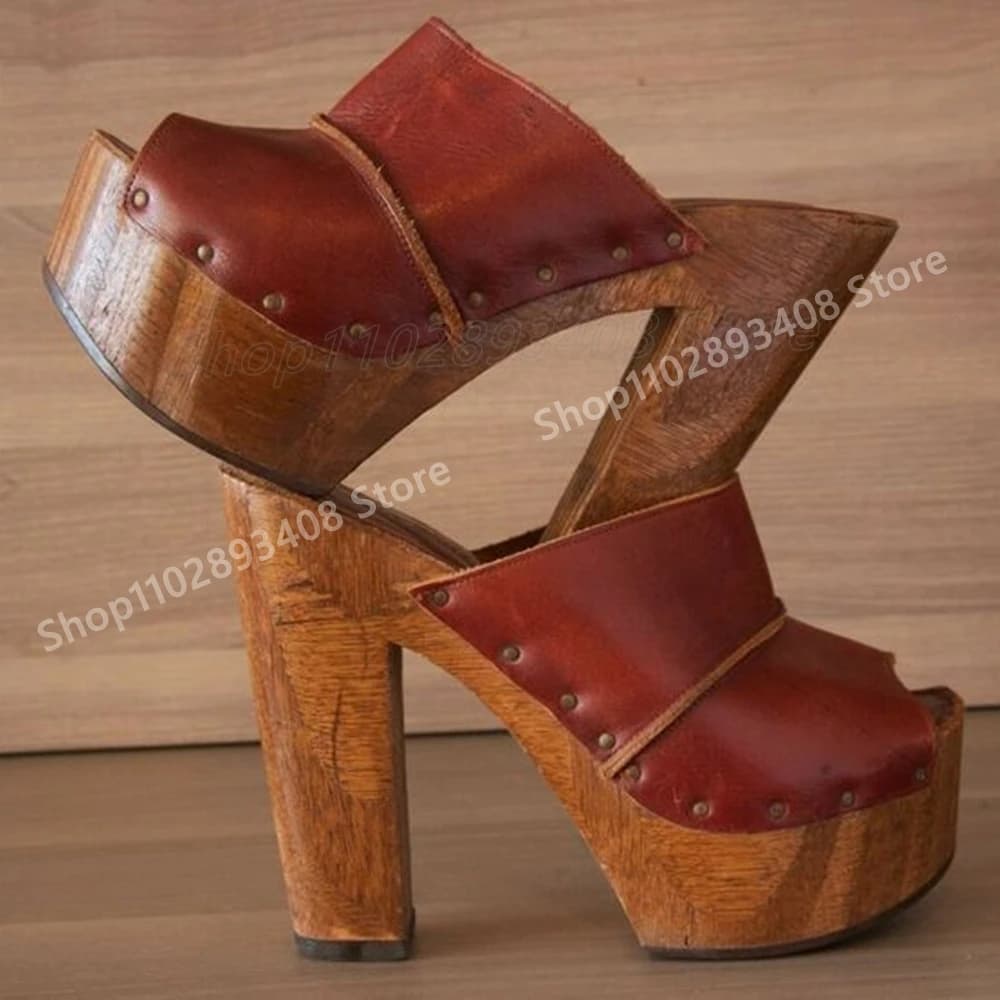Brown Retro Style Peep Toe Platform Slippers Rivets Matte Leather Chunky High Heel Fashion Women Shoes 2025 Summer Para Mujere