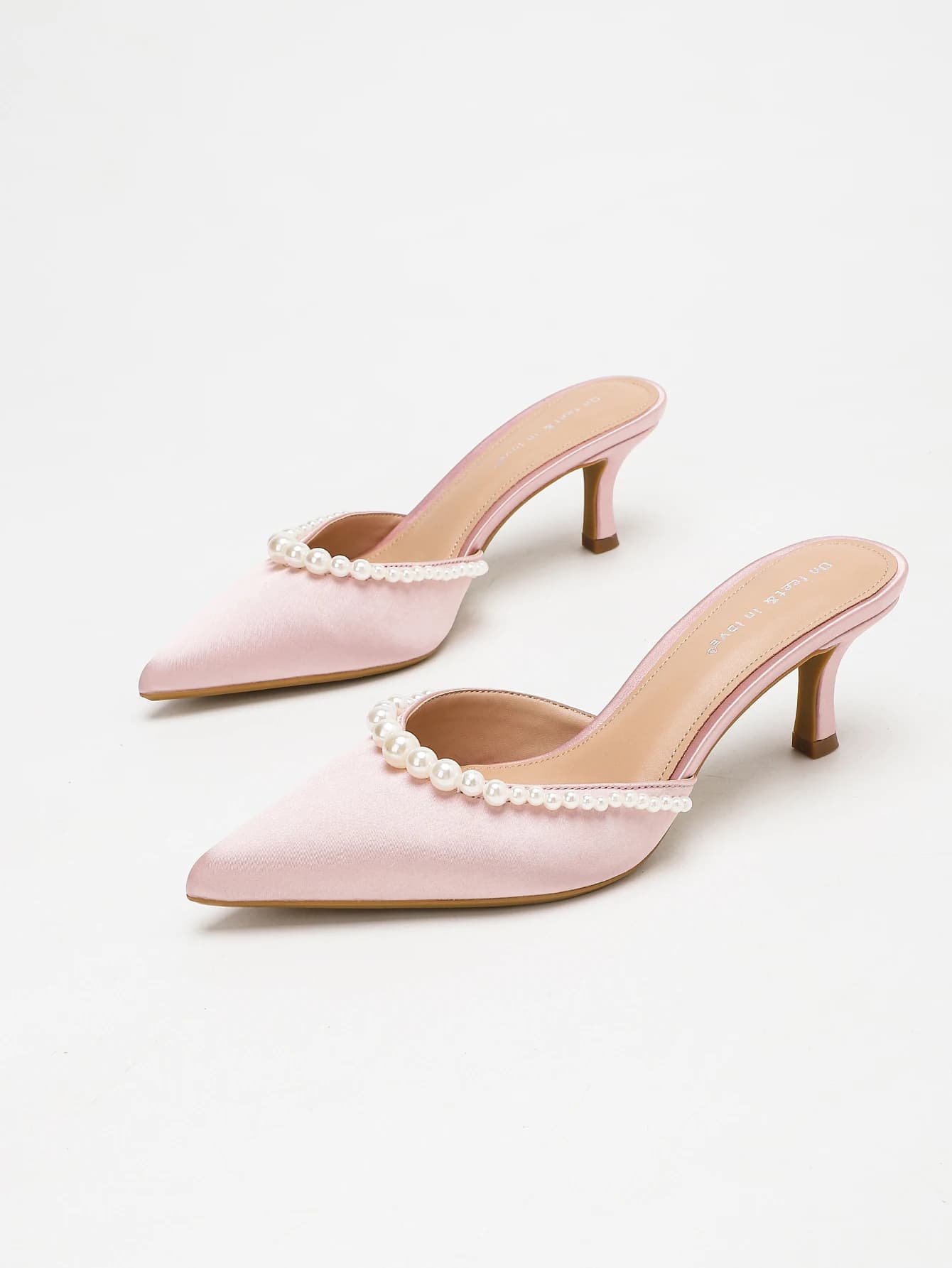2026 Women Pink Apricot White Satin Pearl Mules Pointed Toe Kitten Heel Slip On Bridal Sandals