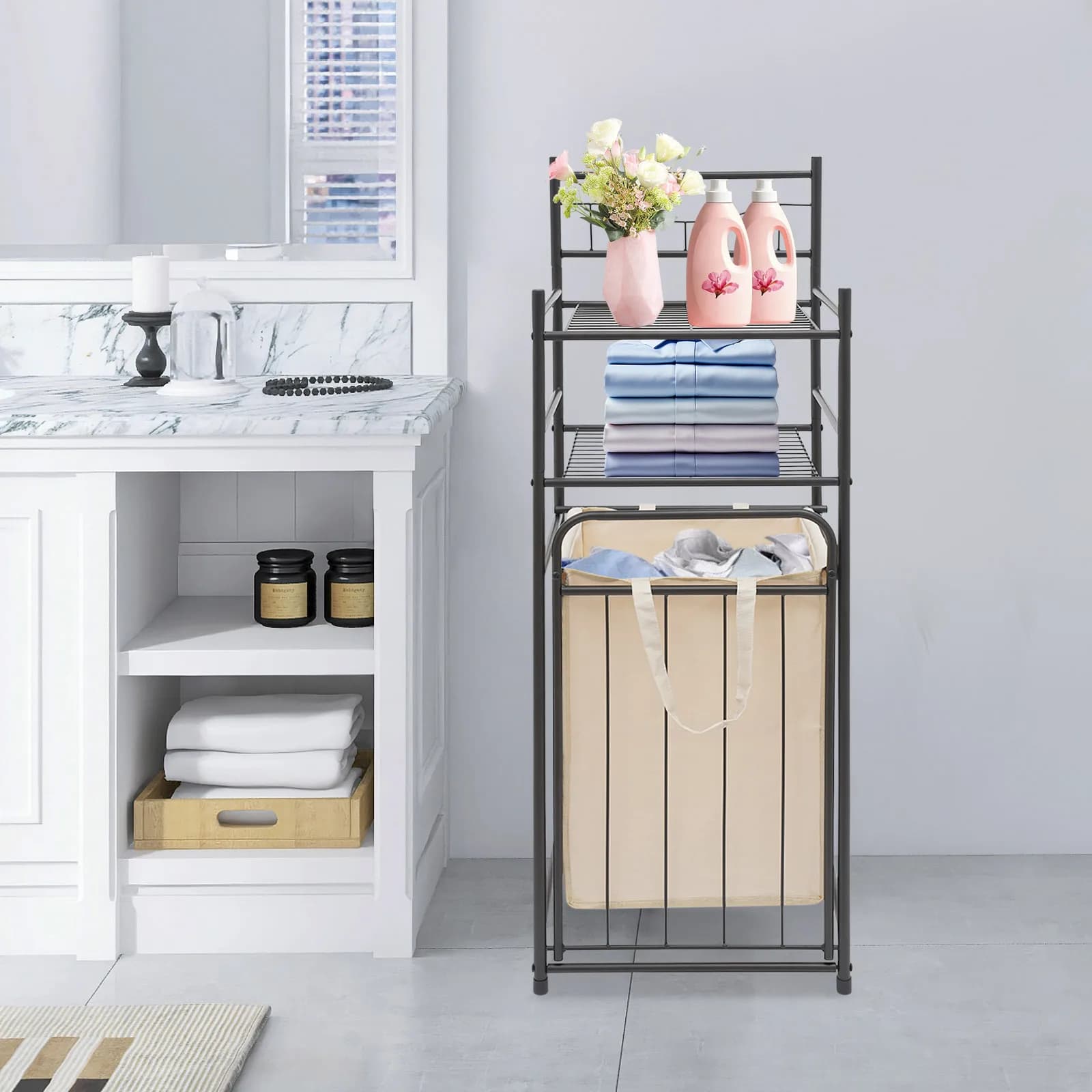 Moderno organizer per cesto portabiancheria in metallo a 3 livelli con borse rimovibili, scaffale multiuso per armadio da bagno camera da letto
