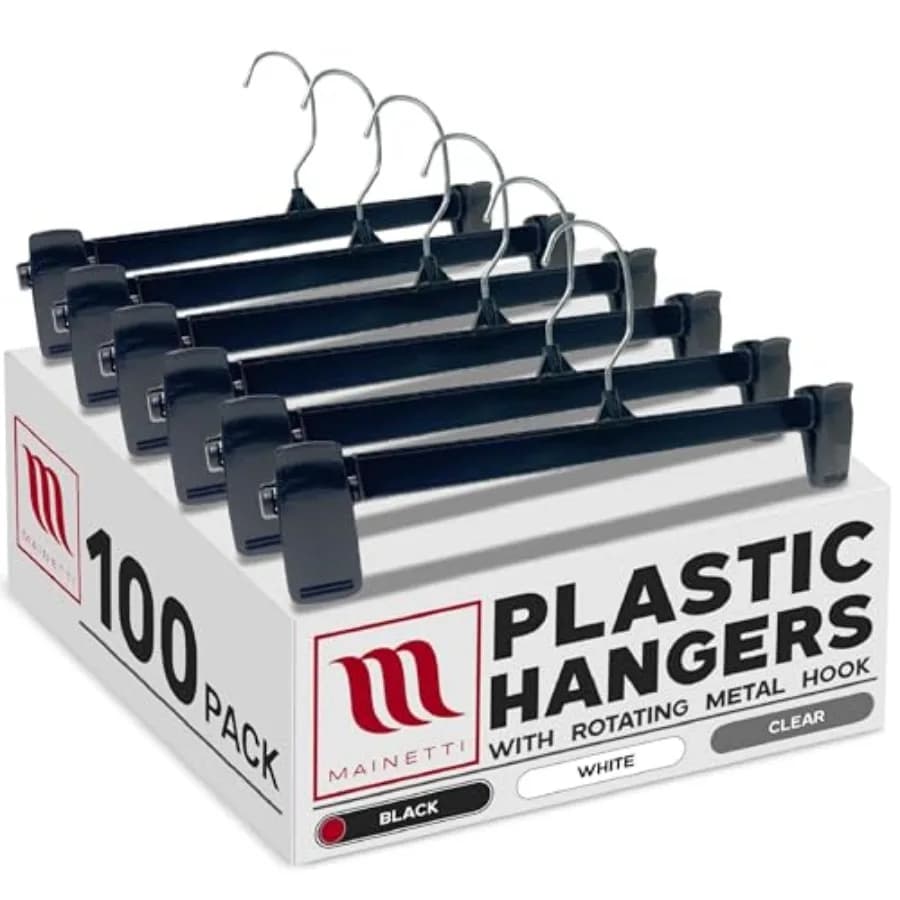 Appendiabiti in plastica nera, confezione da 100, salvaspazio da 12 pollici con gancio in metallo girevole a 360° e clip antiscivolo per pantaloni, gonne, slacks, taglia S