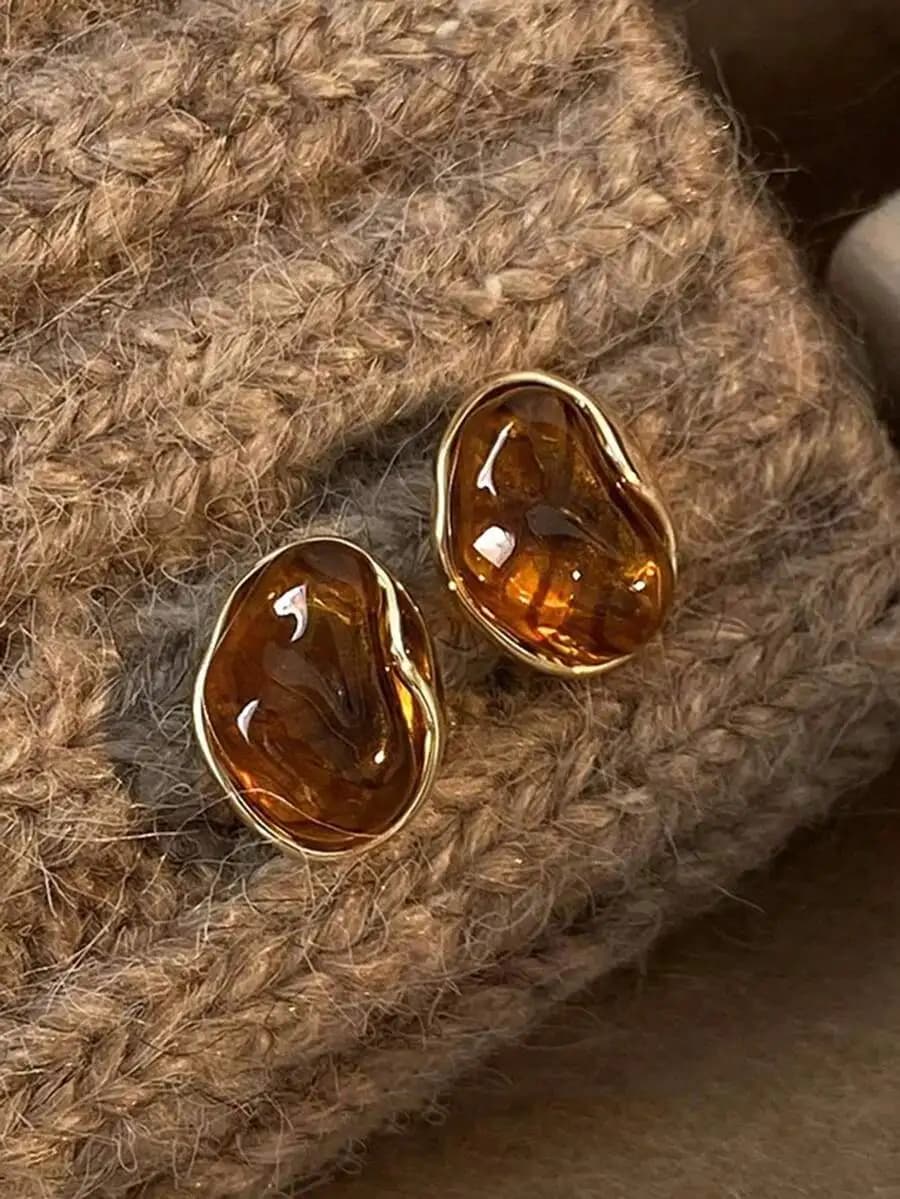Amber Asymmetrical Water Drop Geometric Stud Earrings Minimalist Fashion Jewelry For Women
