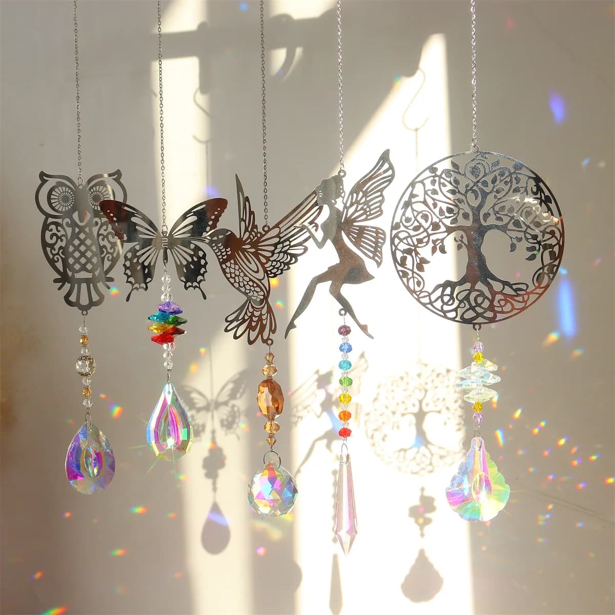 Hanging Crystal Wind Chimes Sun Catcher Fairy Butterflies Stained Glass Sun Catcher Window Drop Bell for Room Garden Decor