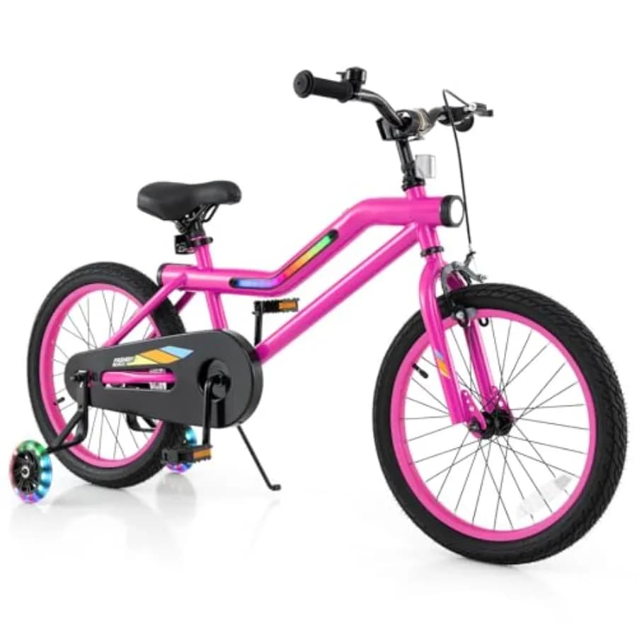 Bicicletta Illuminata 16-18 Pollici con Telaio LED a 7 Modalità, Faro Anteriore, Ruote da Allenamento, Doppio Freno, 95% Preassemblata per Ragazze